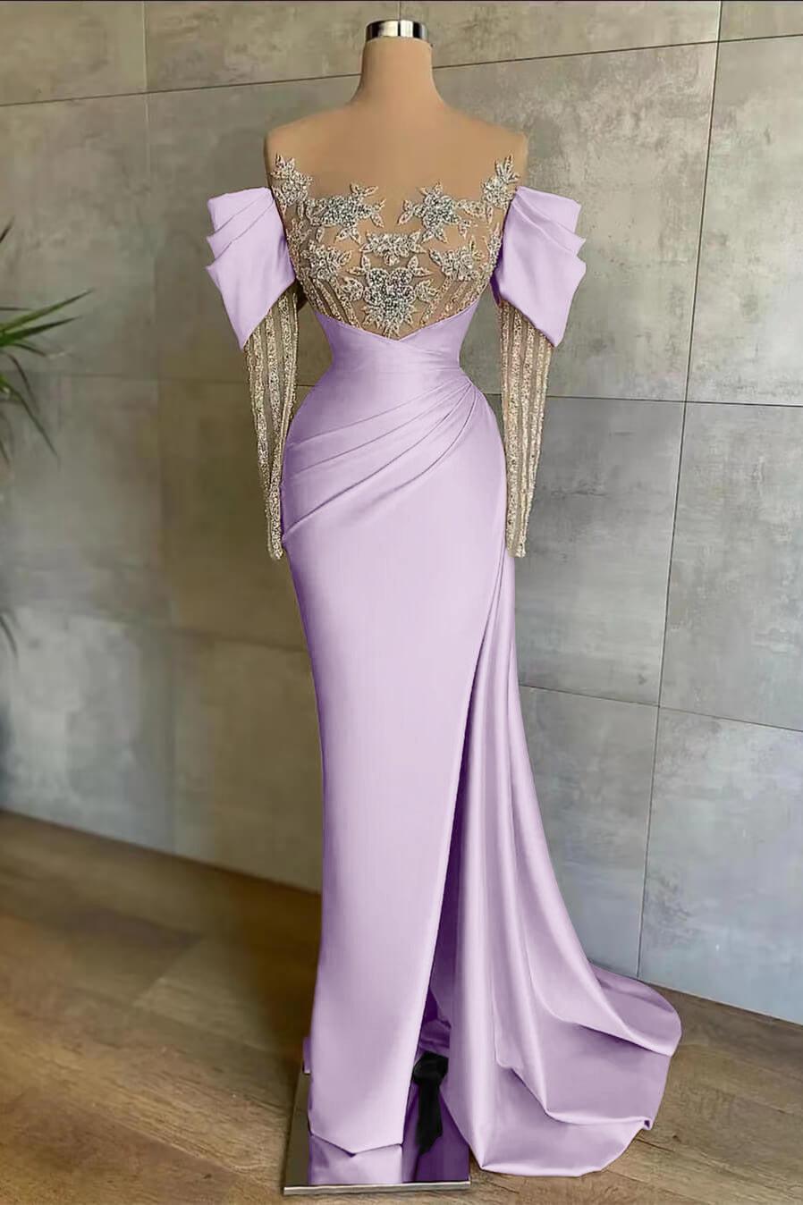 Pink Mermaid Prom Dress Long Sleeve Crew Neck Formal Dress With Beadings and Rhinestones