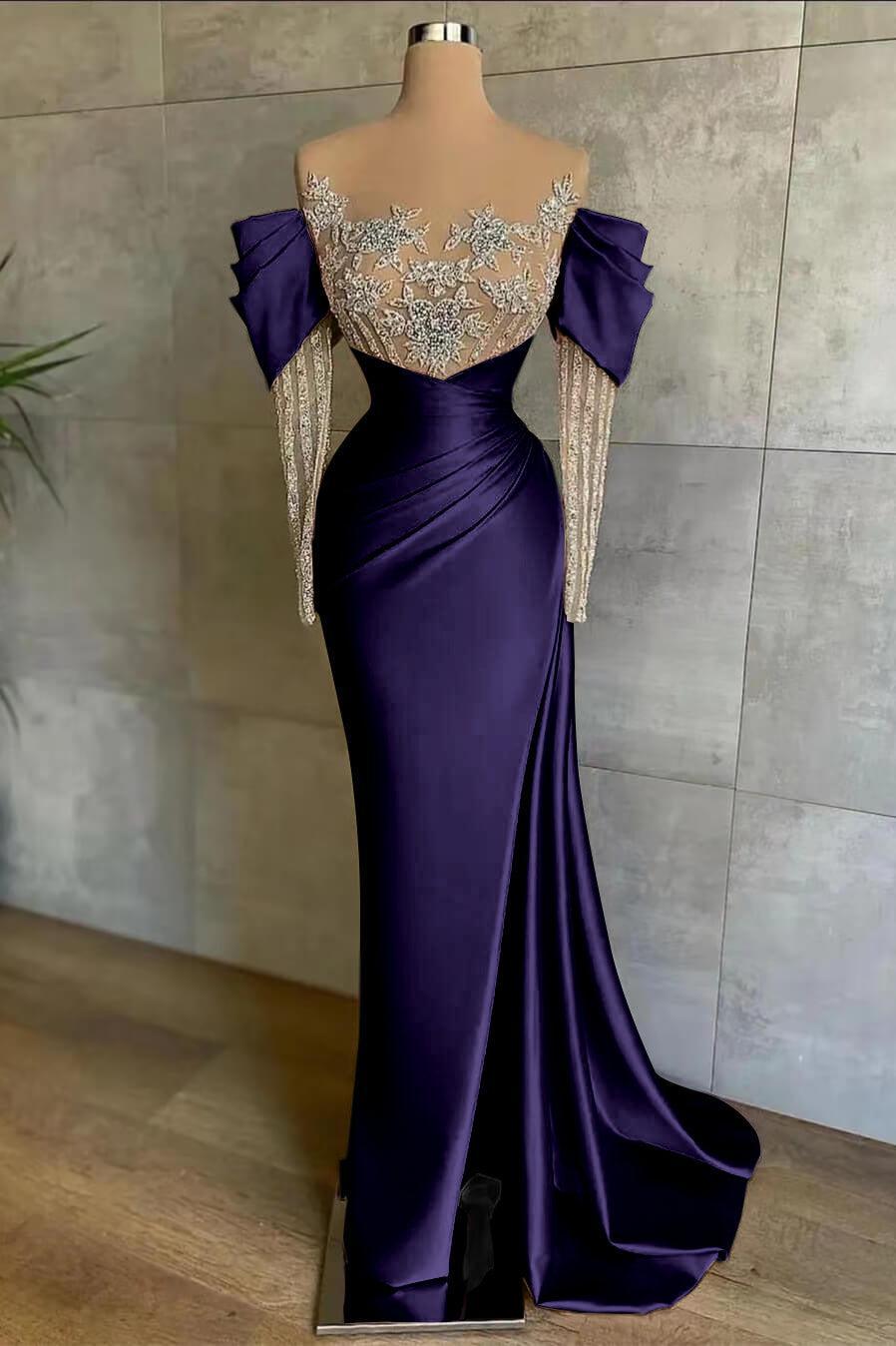 Pink Mermaid Prom Dress Long Sleeve Crew Neck Formal Dress With Beadings and Rhinestones