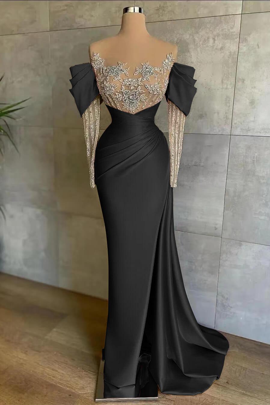 Pink Mermaid Prom Dress Long Sleeve Crew Neck Formal Dress With Beadings and Rhinestones
