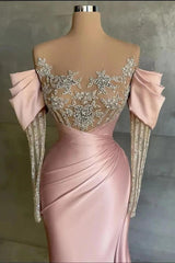 Pink Mermaid Prom Dress Long Sleeve Crew Neck Formal Dress With Beadings and Rhinestones