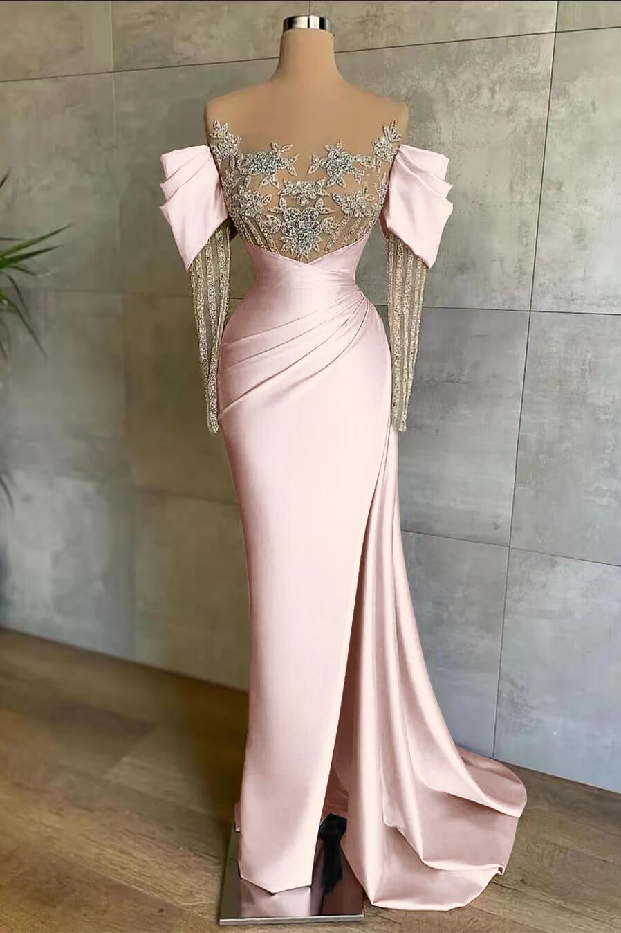 Pink Mermaid Prom Dress Long Sleeve Crew Neck Formal Dress With Beadings and Rhinestones