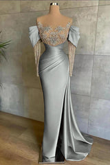 Pink Mermaid Prom Dress Long Sleeve Crew Neck Formal Dress With Beadings and Rhinestones