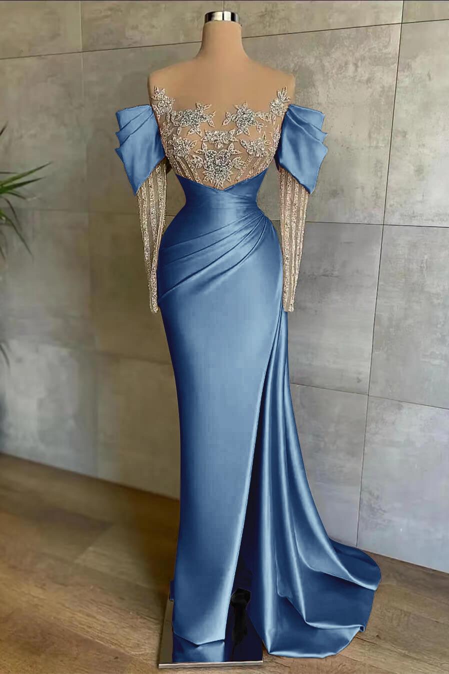 Pink Mermaid Prom Dress Long Sleeve Crew Neck Formal Dress With Beadings and Rhinestones