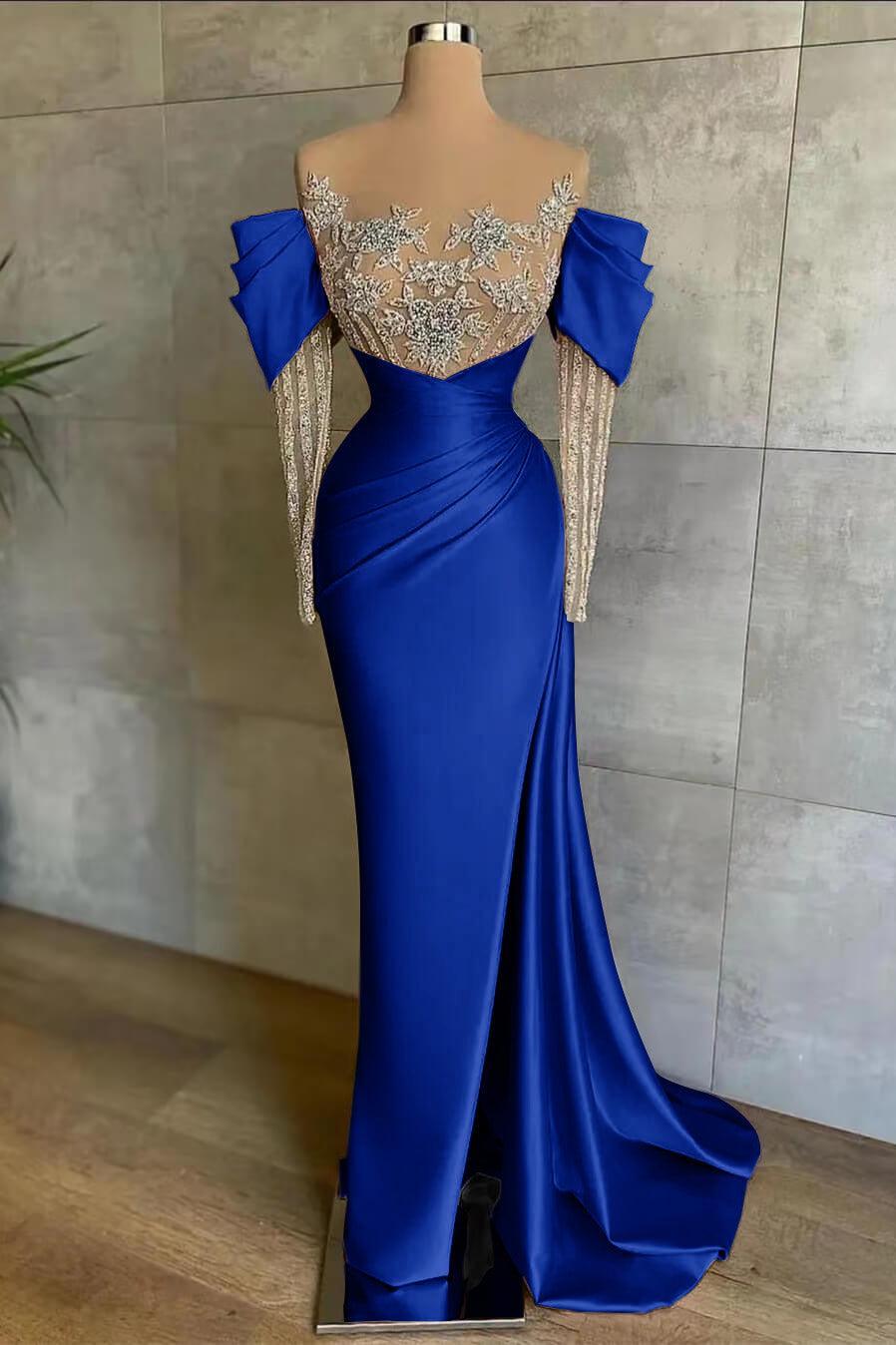 Pink Mermaid Prom Dress Long Sleeve Crew Neck Formal Dress With Beadings and Rhinestones