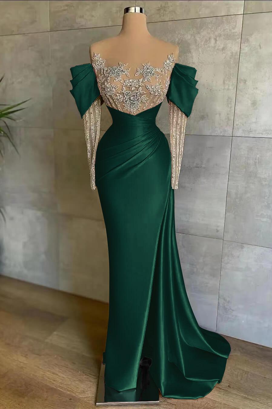 Pink Mermaid Prom Dress Long Sleeve Crew Neck Formal Dress With Beadings and Rhinestones