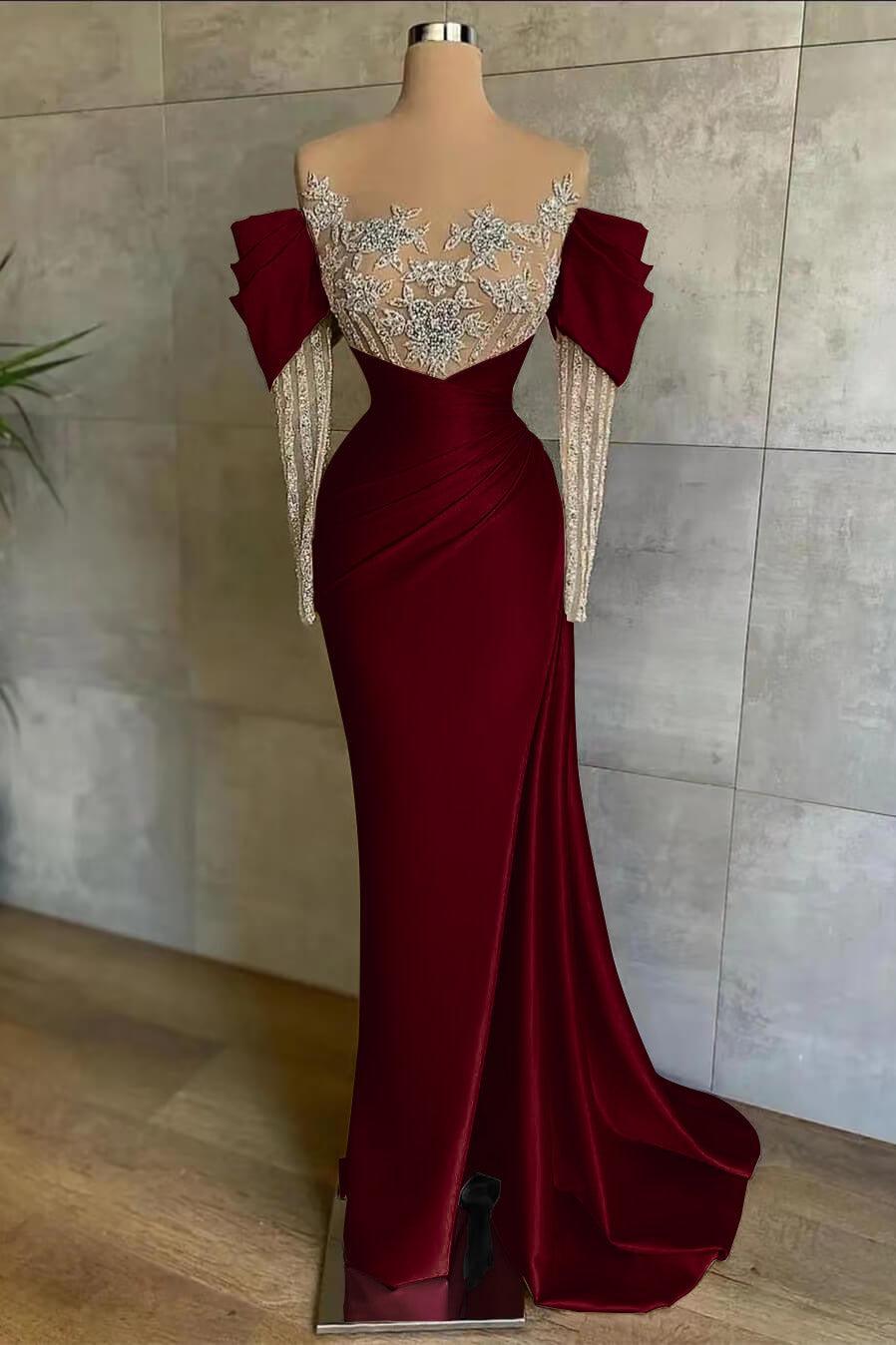 Pink Mermaid Prom Dress Long Sleeve Crew Neck Formal Dress With Beadings and Rhinestones