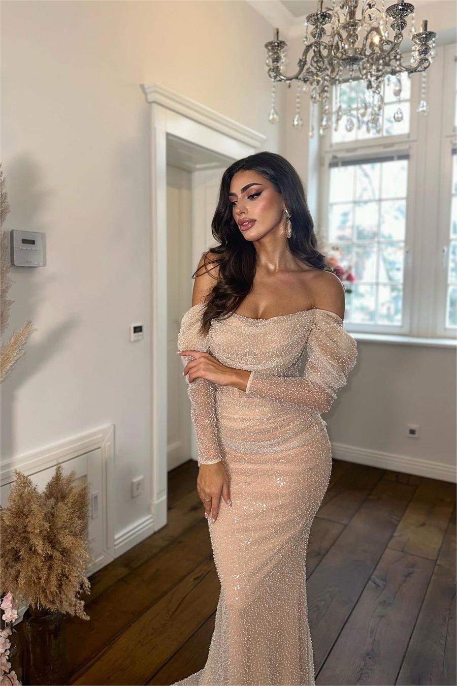 Pink Mermaid Prom Dress Long Sleeve Off the Shoulder Formal Dress With Sequins