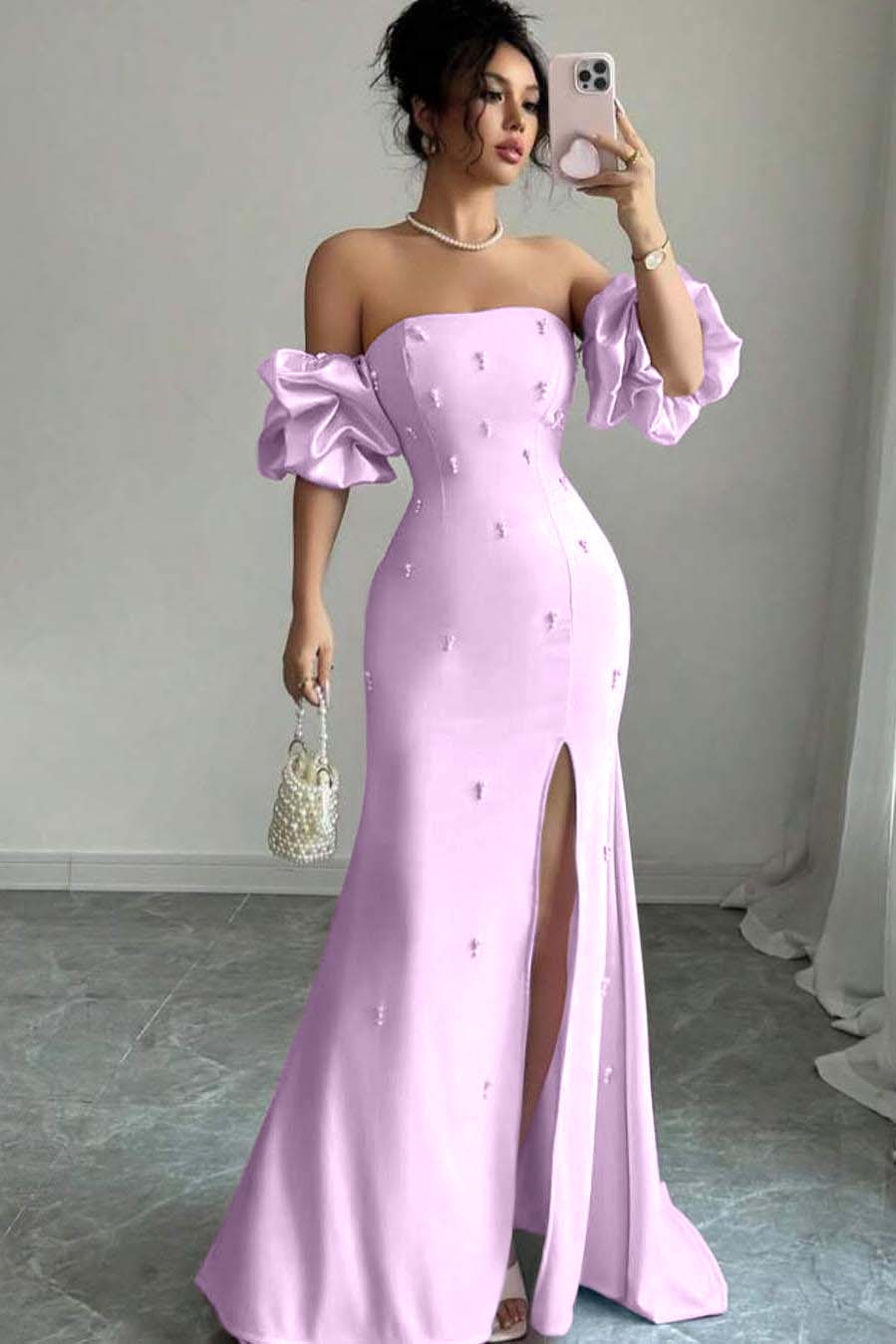 Pink Mermaid Prom Dress Short Sleeve Strapless Formal Dress With Beadings and Rhinestones