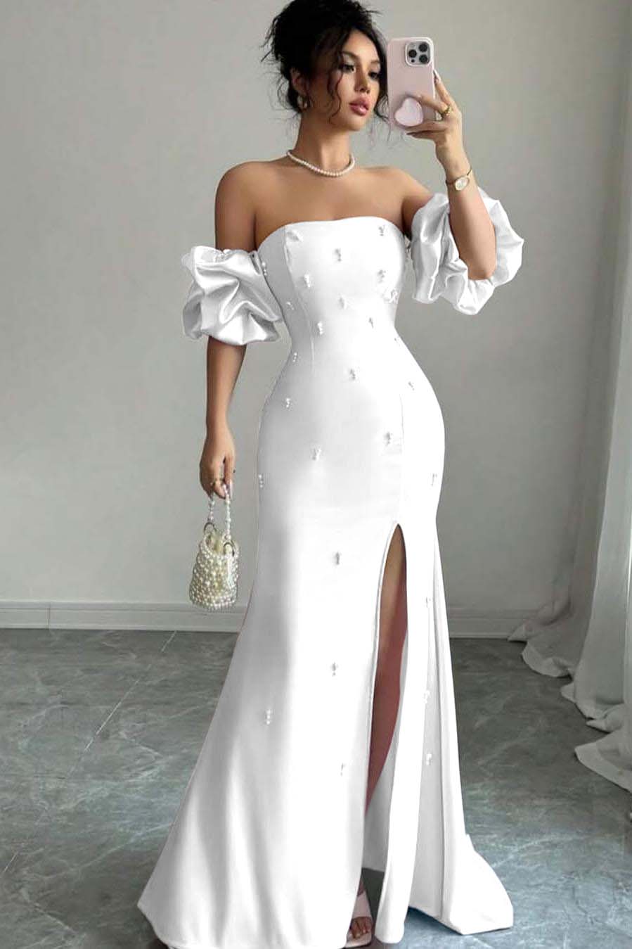 Pink Mermaid Prom Dress Short Sleeve Strapless Formal Dress With Beadings and Rhinestones