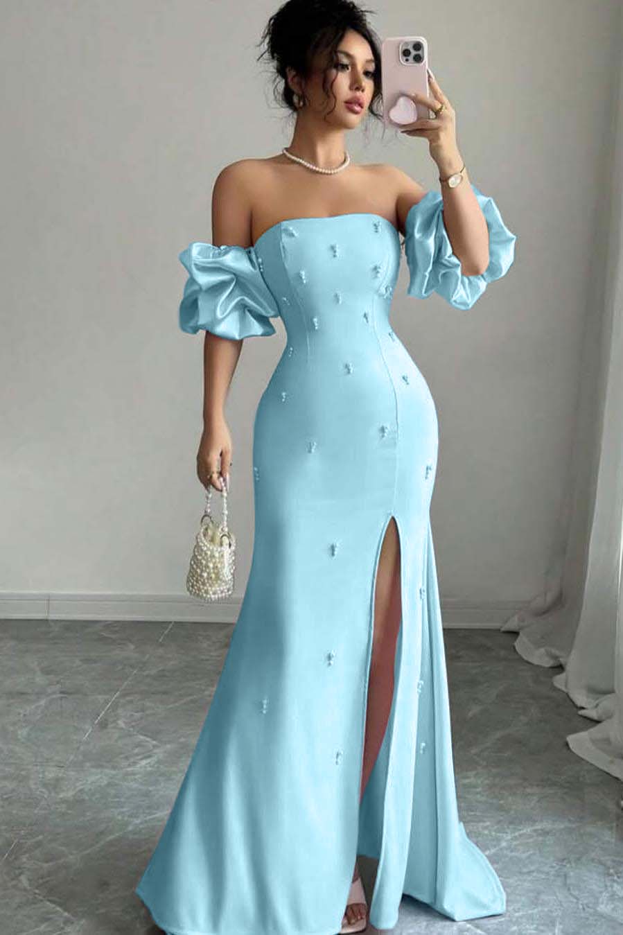 Pink Mermaid Prom Dress Short Sleeve Strapless Formal Dress With Beadings and Rhinestones