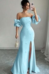 Pink Mermaid Prom Dress Short Sleeve Strapless Formal Dress With Beadings and Rhinestones