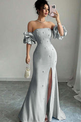 Pink Mermaid Prom Dress Short Sleeve Strapless Formal Dress With Beadings and Rhinestones