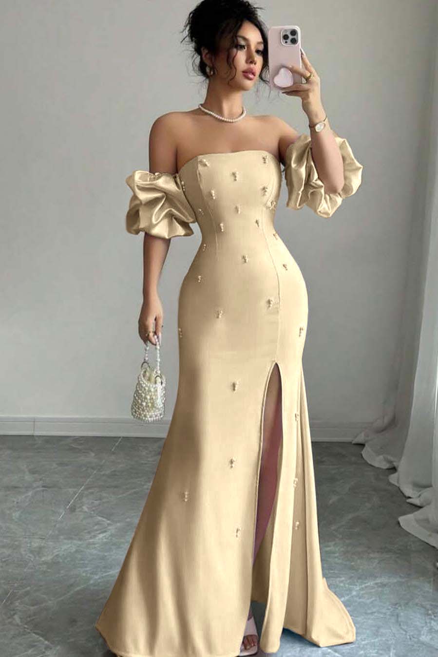 Pink Mermaid Prom Dress Short Sleeve Strapless Formal Dress With Beadings and Rhinestones