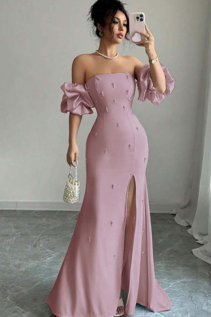 Pink Mermaid Prom Dress Short Sleeve Strapless Formal Dress With Beadings and Rhinestones