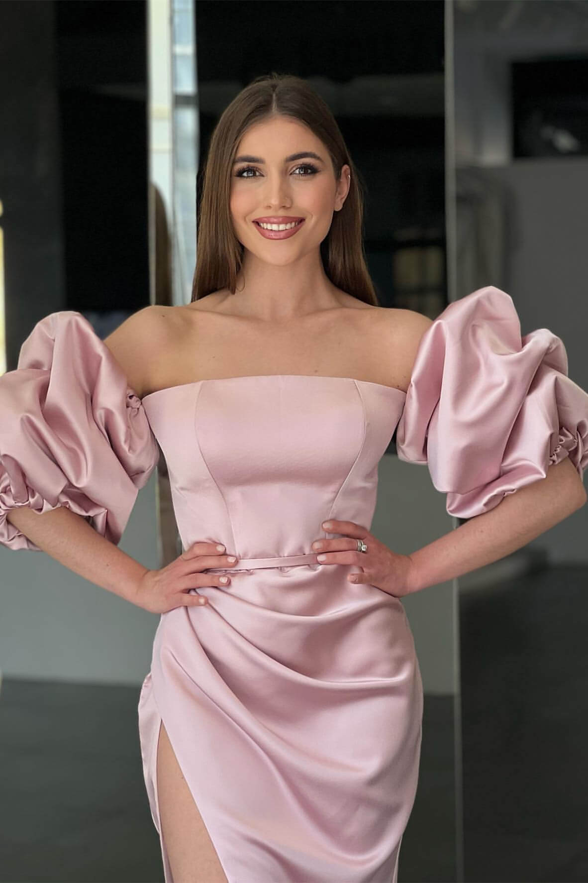 Pink Mermaid Prom Dress Short Sleeve Strapless Satin Formal Dress