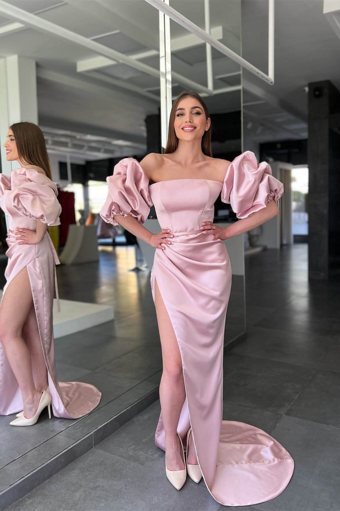 Pink Mermaid Prom Dress Short Sleeve Strapless Satin Formal Dress