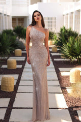 Pink Mermaid Prom Dress Sleeveless One Shoulder Formal Dress With Beadings and Rhinestones