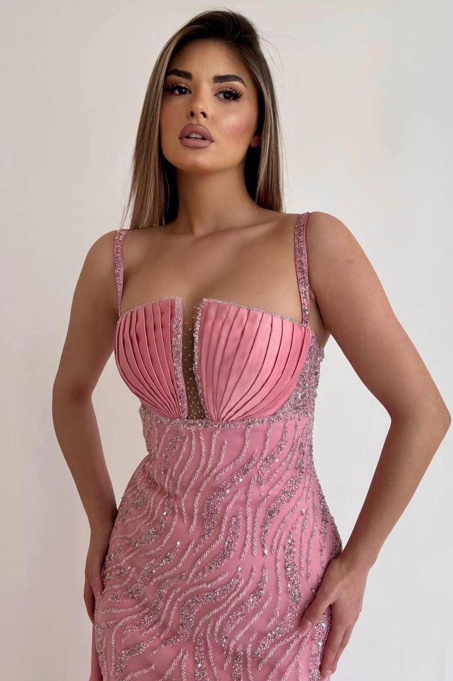 Pink Mermaid Prom Dress Sleeveless Spaghetti Straps Formal Dress With Beadings and Rhinestones