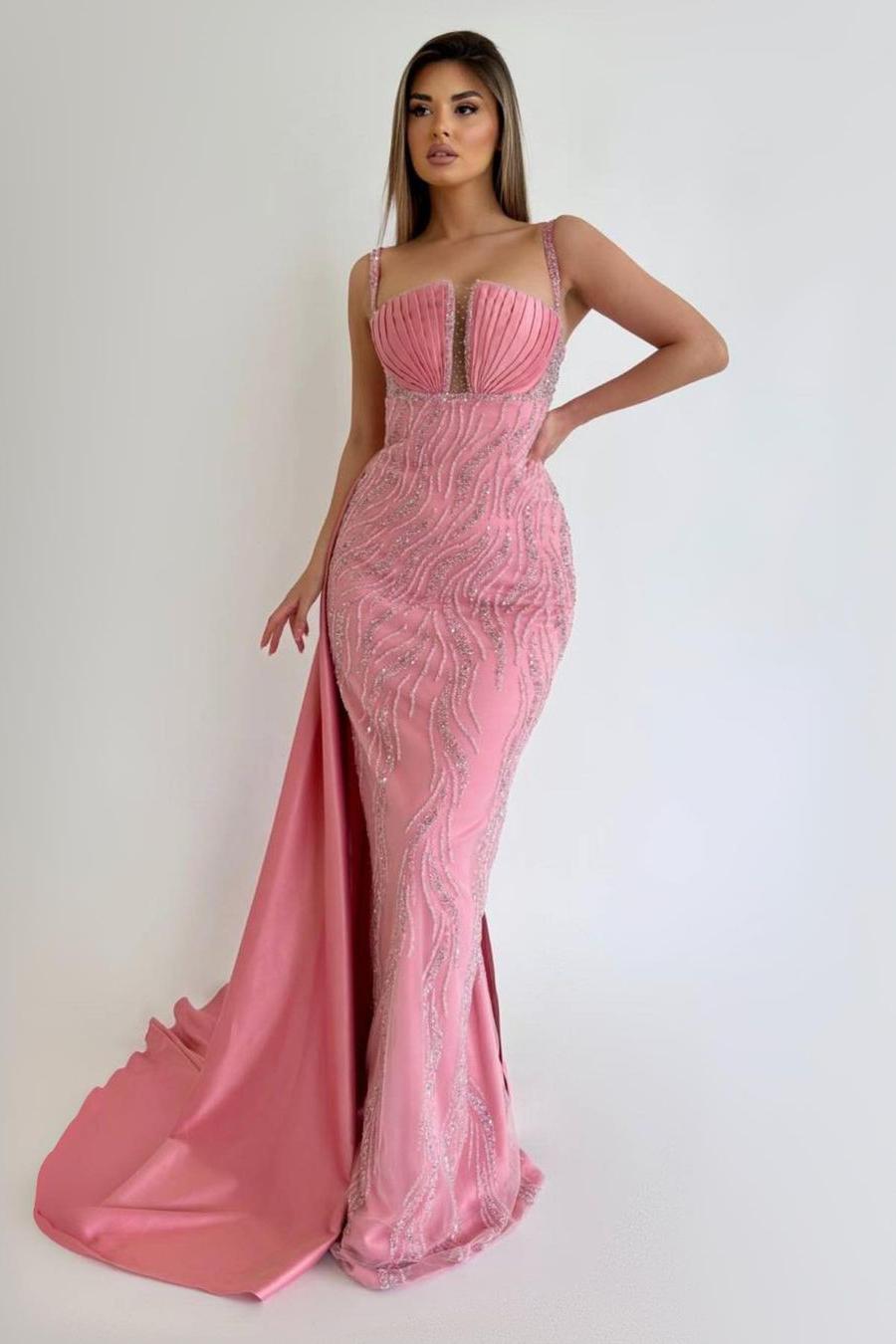 Pink Mermaid Prom Dress Sleeveless Spaghetti Straps Formal Dress With Beadings and Rhinestones