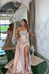 Pink Mermaid Prom Dress Sleeveless Strapless Formal Dress With Beadings and Rhinestones
