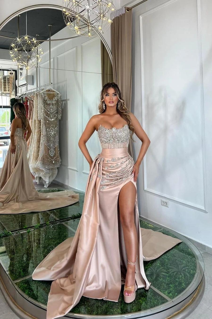 Pink Mermaid Prom Dress Sleeveless Strapless Formal Dress With Beadings and Rhinestones