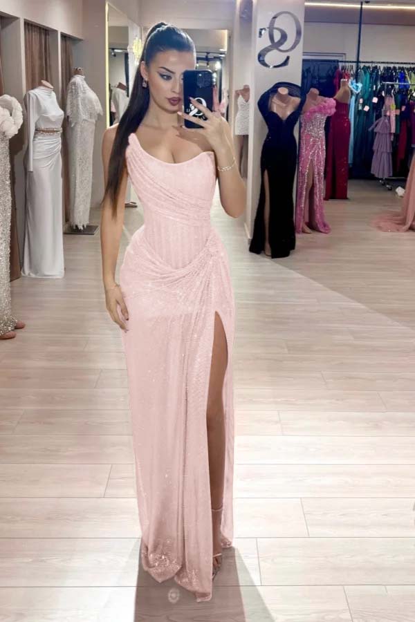 Pink Mermaid Prom Dress Sleeveless Strapless Formal Dress With Sequins