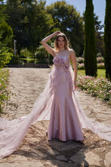 Pink Mermaid Prom Dress Sleeveless Strapless Satin Formal Dress With 3D Flowers