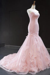 Pink Mermaid Prom Dress Sleeveless Sweetheart Formal Dress With 3D Flowers
