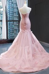 Pink Mermaid Prom Dress Sleeveless Sweetheart Formal Dress With 3D Flowers