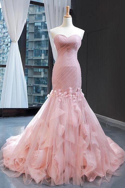 Pink Mermaid Prom Dress Sleeveless Sweetheart Formal Dress With 3D Flowers