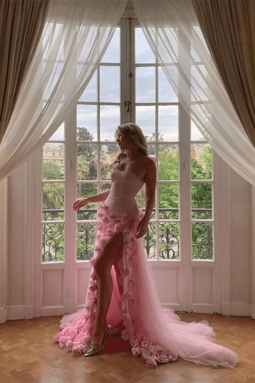 Pink Mermaid Prom Dress Sweetheart Formal Dress With 3D Flowers