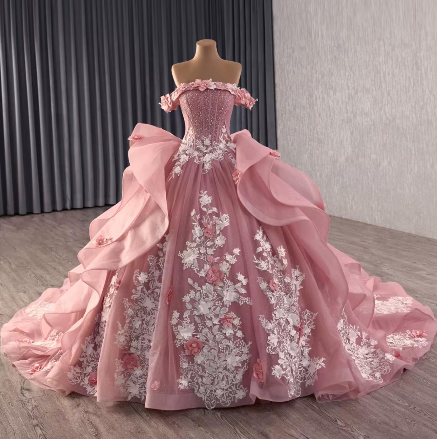 Pink Off Shoulder Quinceanera Dress Ball Gown Sweet 16 Dress with Lace Appliques