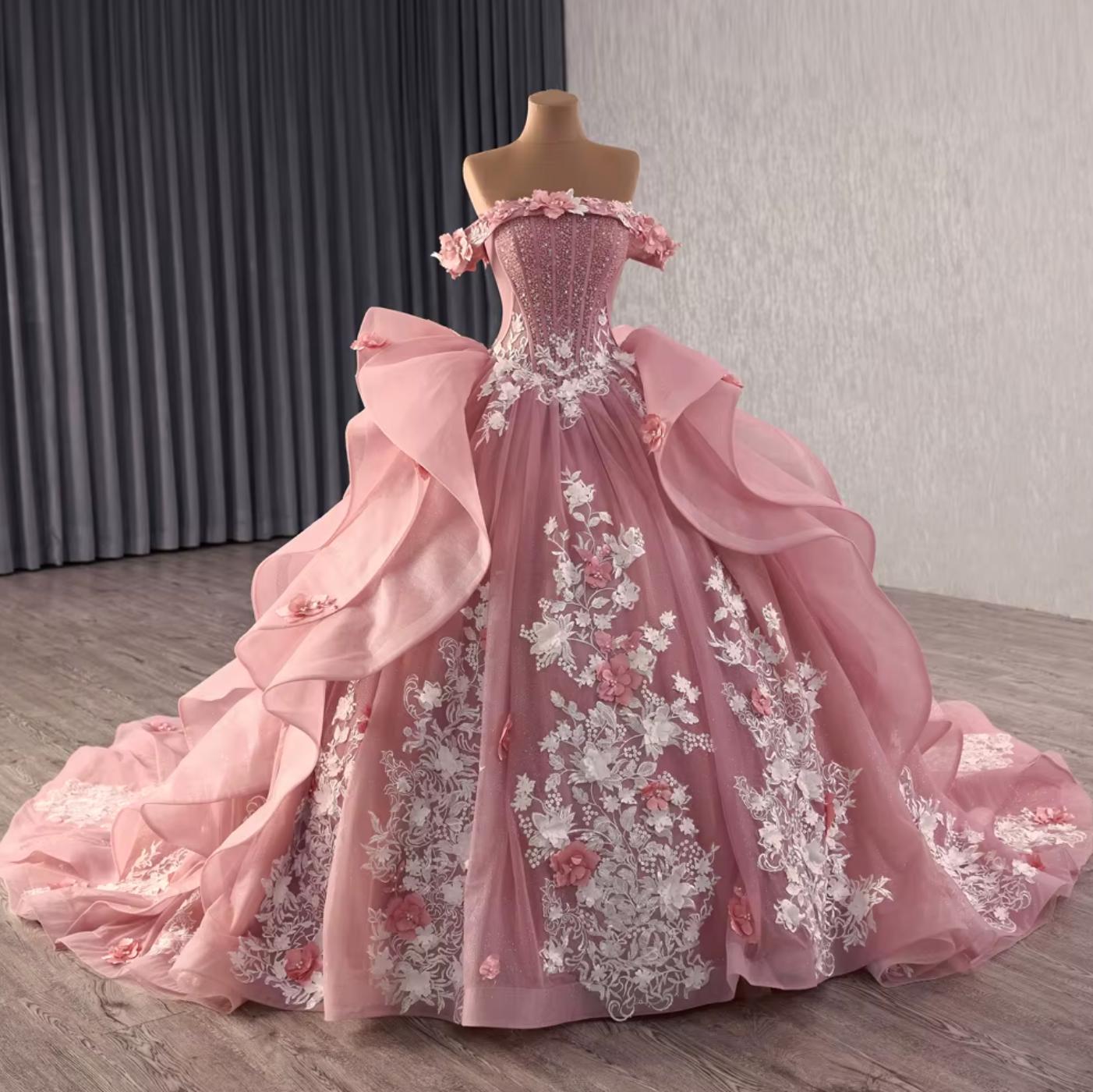 Pink Off Shoulder Quinceanera Dress Ball Gown Sweet 16 Dress with Lace Appliques