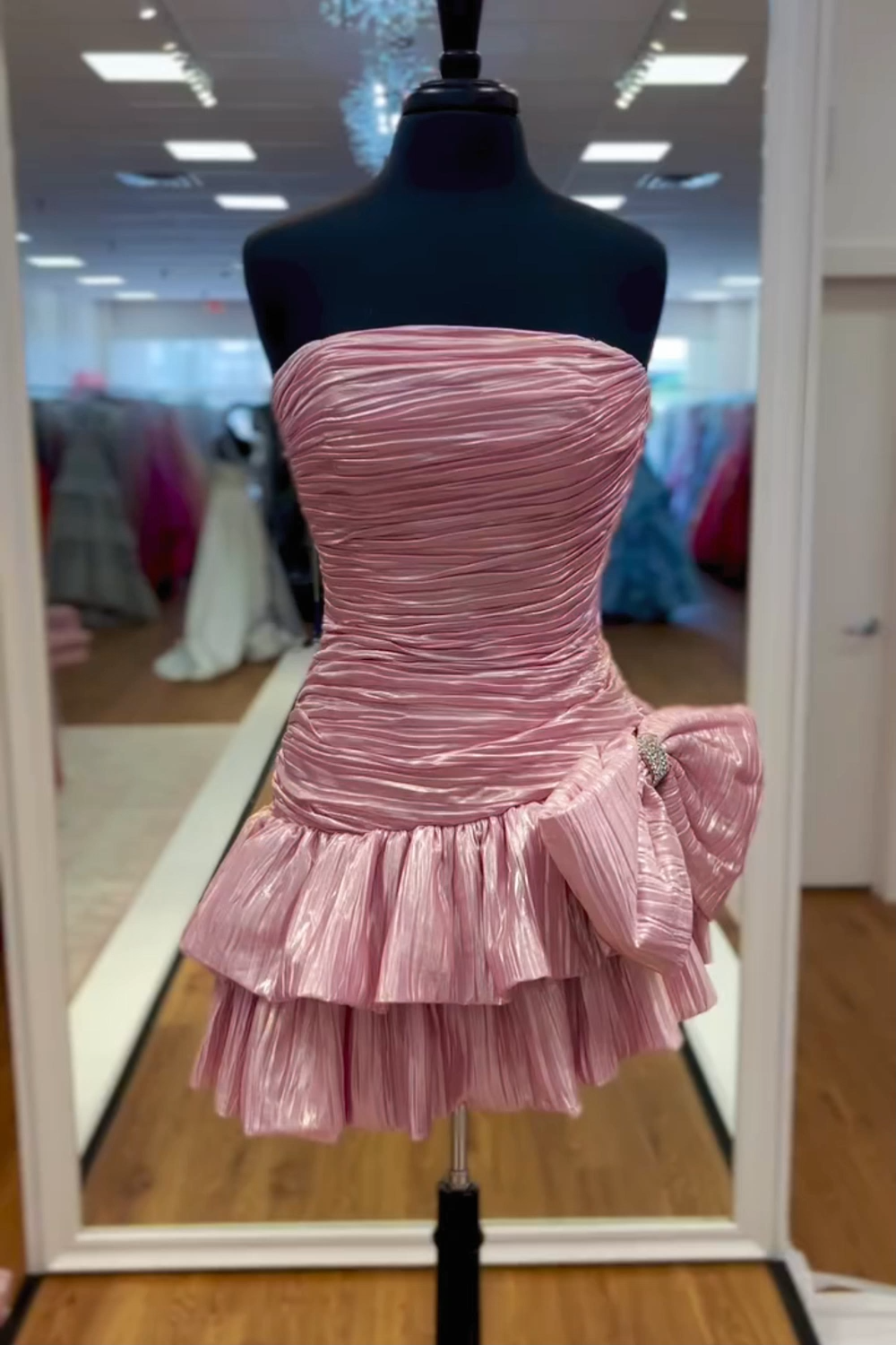 Pink Pleated A Line Homecoming Dresses Short Cocktail Dresses With Bow