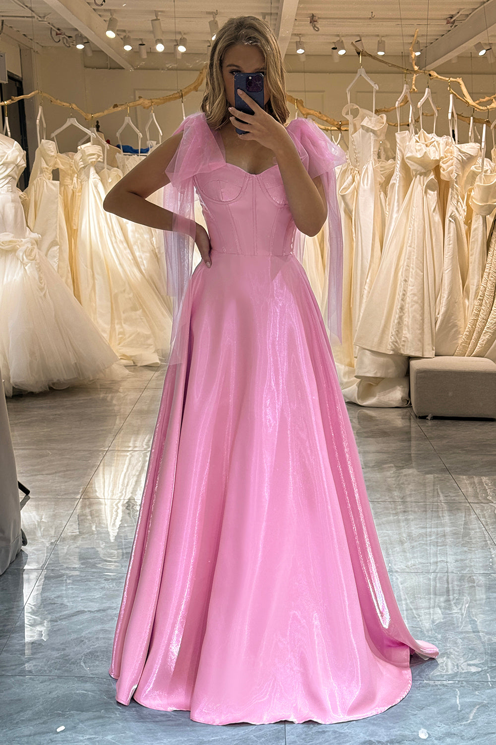 Pink Prom Dress A Line Backless Long Corset Evening Dress With Lace