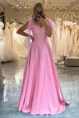 Pink Prom Dress A Line Backless Long Corset Evening Dress With Lace