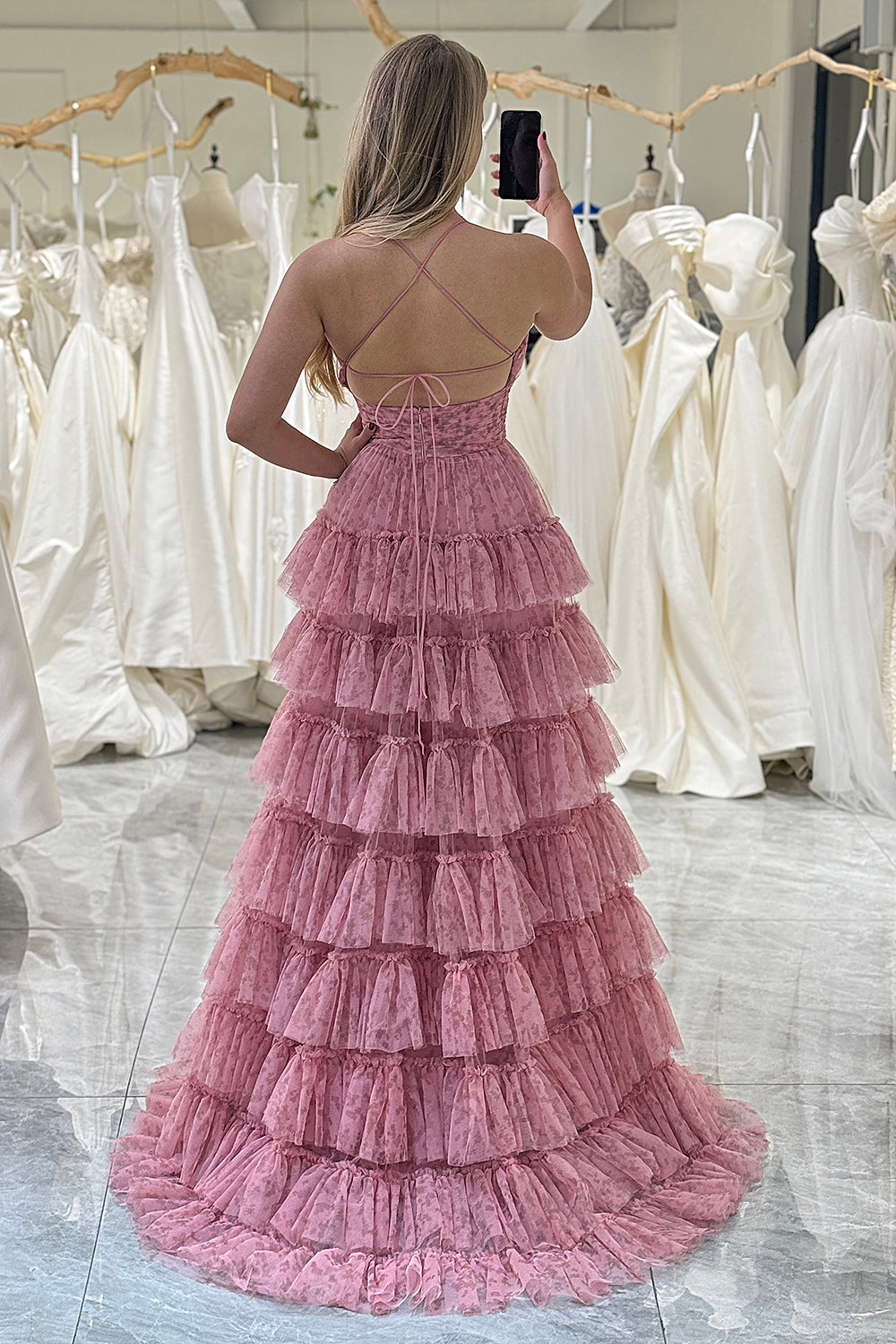 Pink Prom Dress A Line Backless Tiered Long Evening Dress