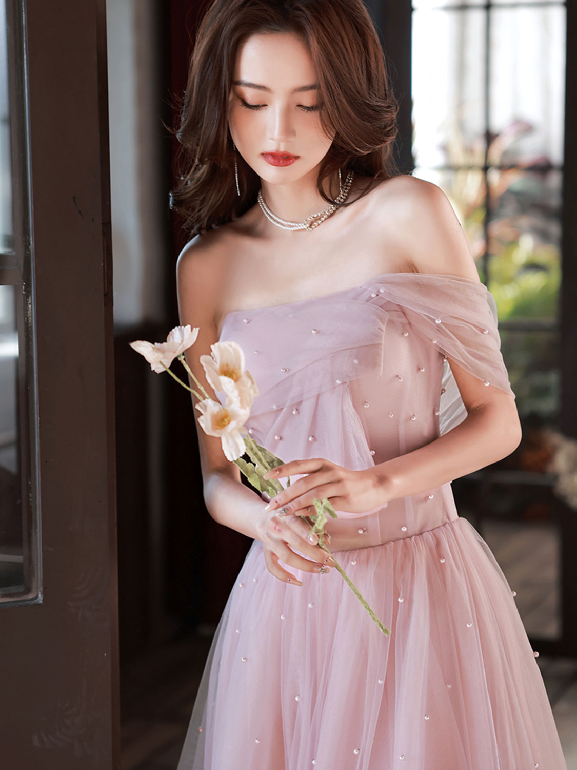 Pink Prom Dress A Line Tea Length Tulle Formal Gown Evening Dress