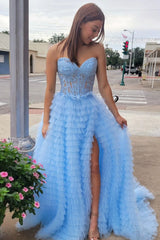 Pink Prom Dress A Line Tiered Sweetheart Long Corset Evening Dress
