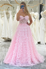 Pink Prom Dress A Line Tiered Sweetheart Long Corset Evening Dress