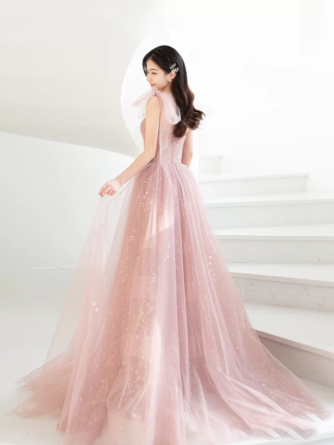 Pink Prom Dress A Line Tulle Long Formal Dress Evening Dress