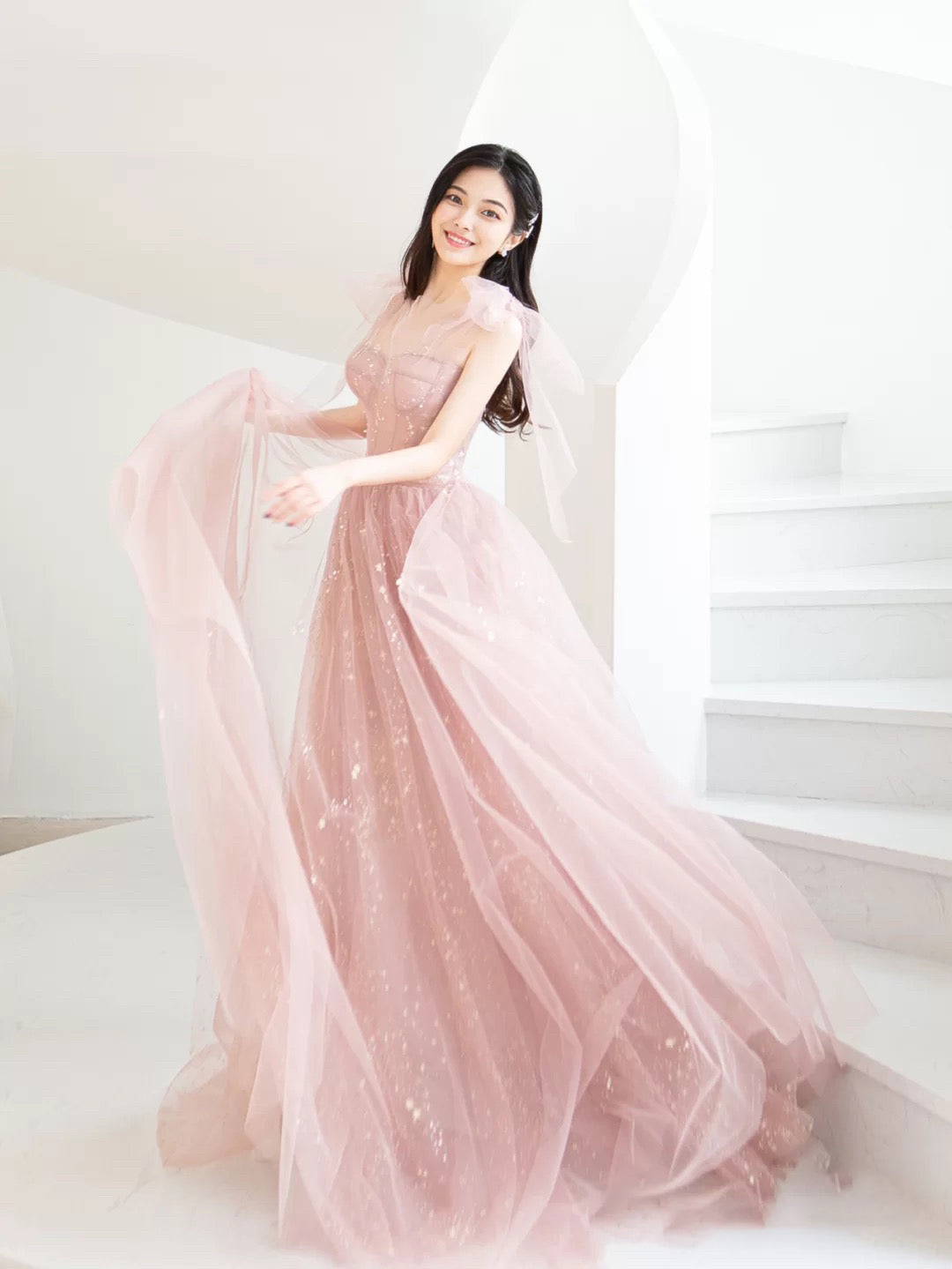 Pink Prom Dress A Line Tulle Long Formal Dress Evening Dress