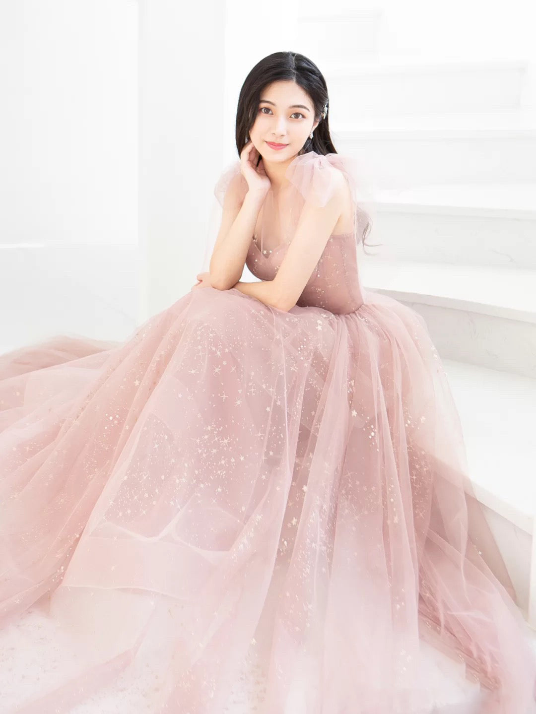Pink Prom Dress A Line Tulle Long Formal Dress Evening Dress