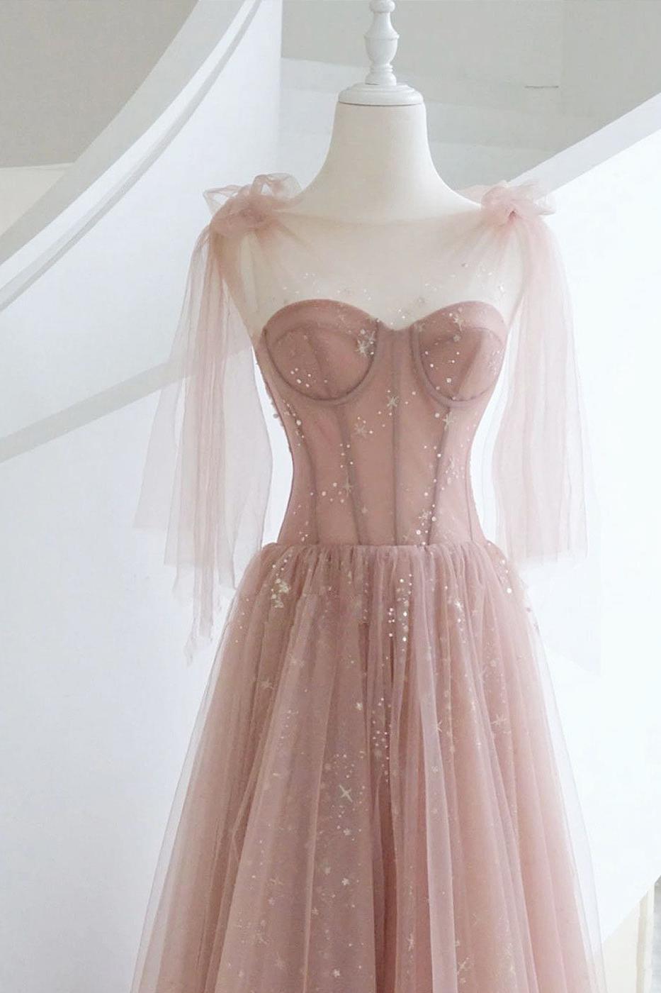 Pink Prom Dress A Line Tulle Long Formal Graduation Dress Formal Evening Dress