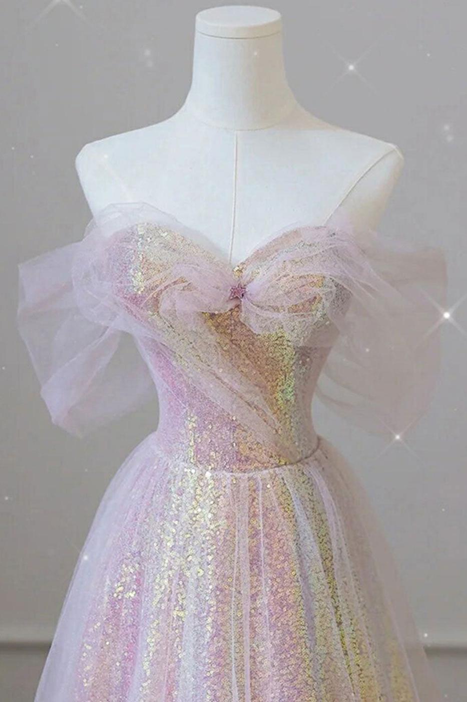 Pink Prom Dress A Line Tulle Sequin Long Formal Graduation Dress Evening Dress