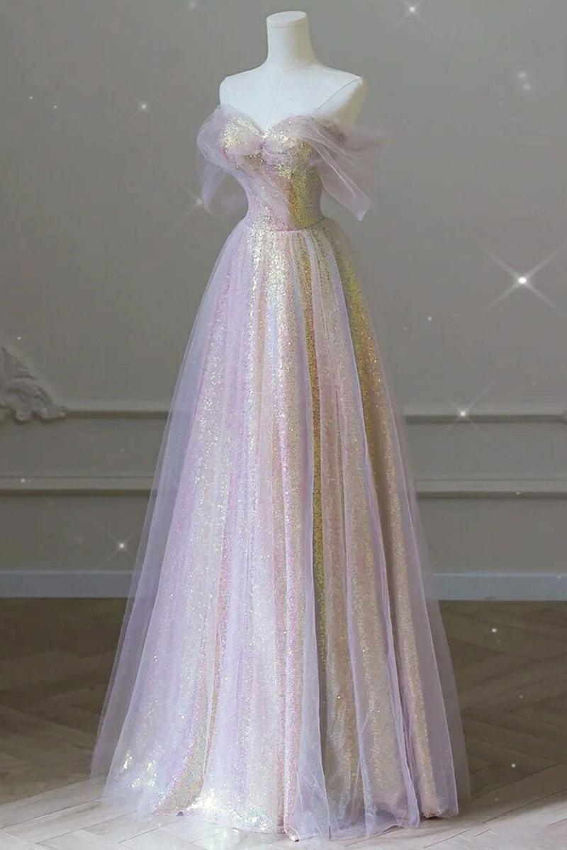 Pink Prom Dress A Line Tulle Sequin Long Formal Graduation Dress Evening Dress