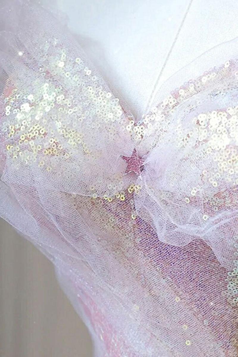 Pink Prom Dress A Line Tulle Sequin Long Formal Graduation Dress Evening Dress