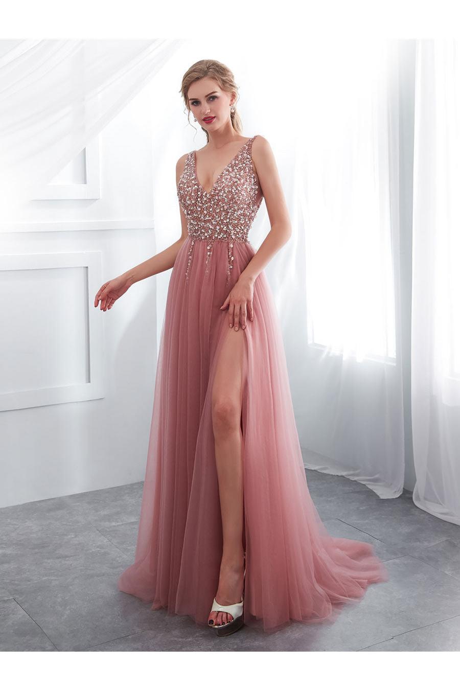 Pink Prom Dress A Line V Neck Beaded Long Tulle Formal Evening Dress