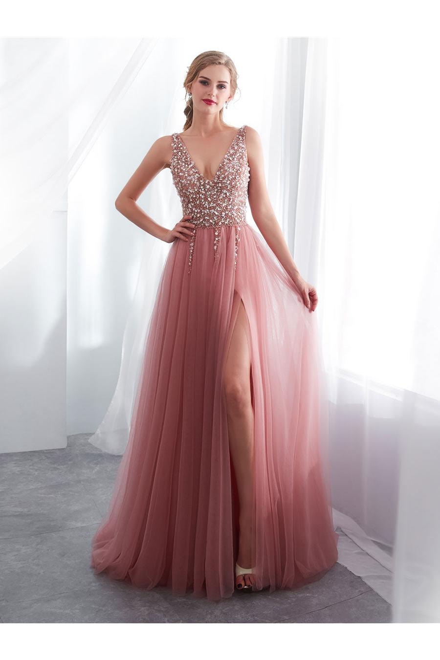 Pink Prom Dress A Line V Neck Beaded Long Tulle Formal Evening Dress
