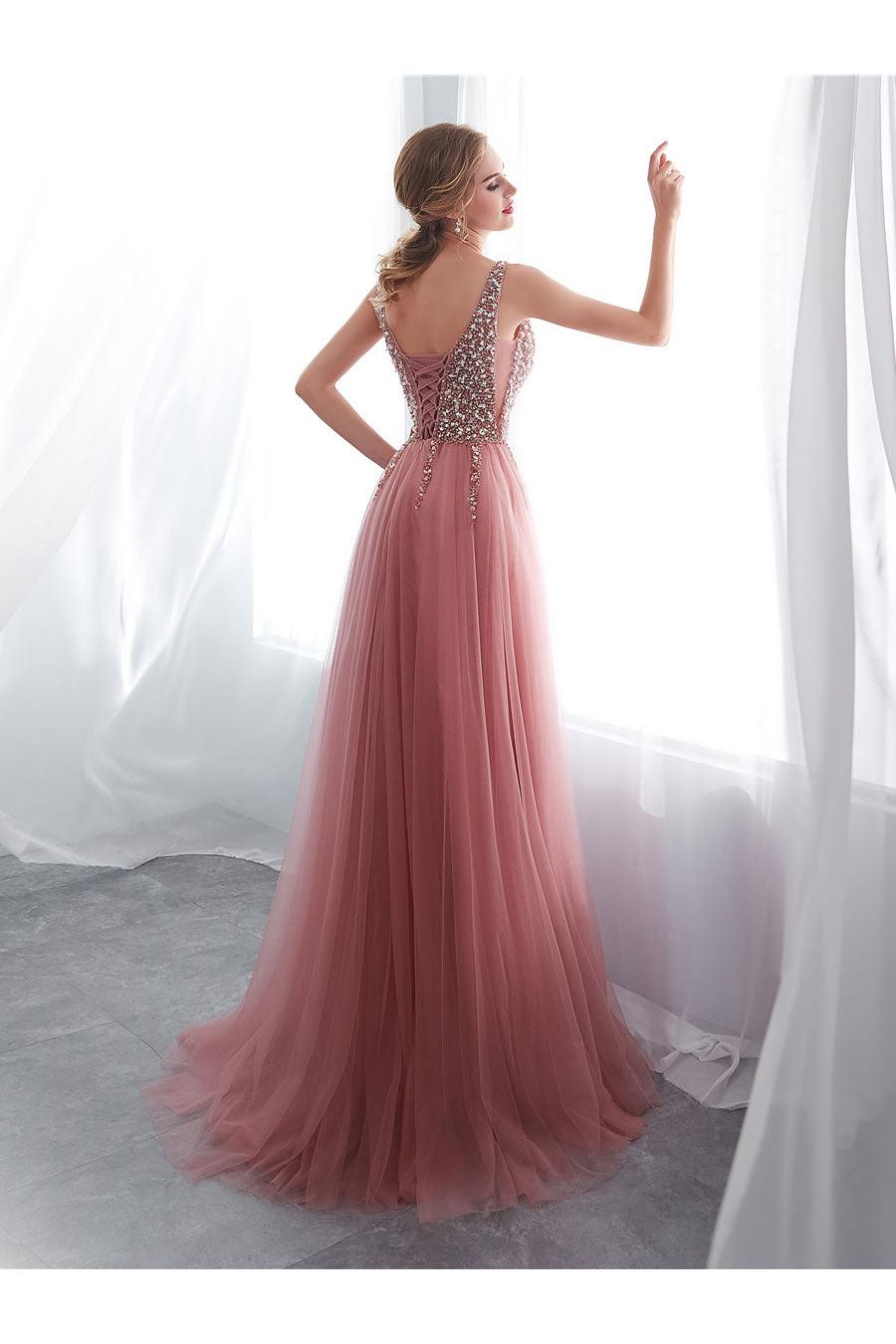 Pink Prom Dress A Line V Neck Beaded Long Tulle Formal Evening Dress